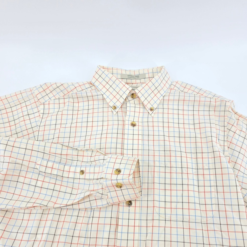 LL Bean Button‎ Down Shirt Mens Traditional Fit Wrinkle Free Tattersall Cream M